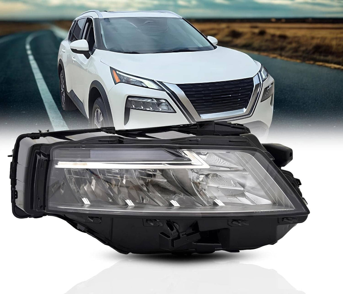 Passenger-side LED headlight assembly with clear lens and black housing