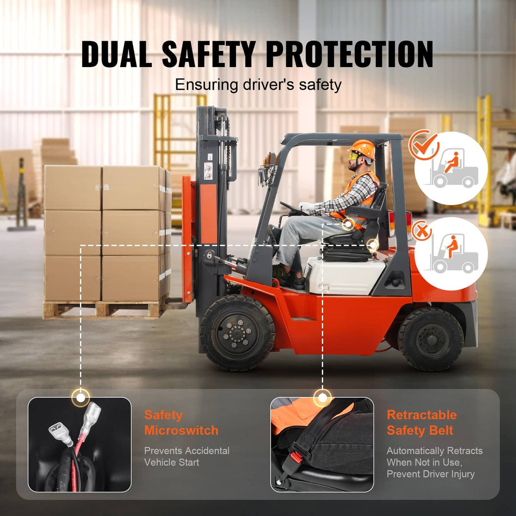 Black forklift seat with retractable safety belt and padded armrests