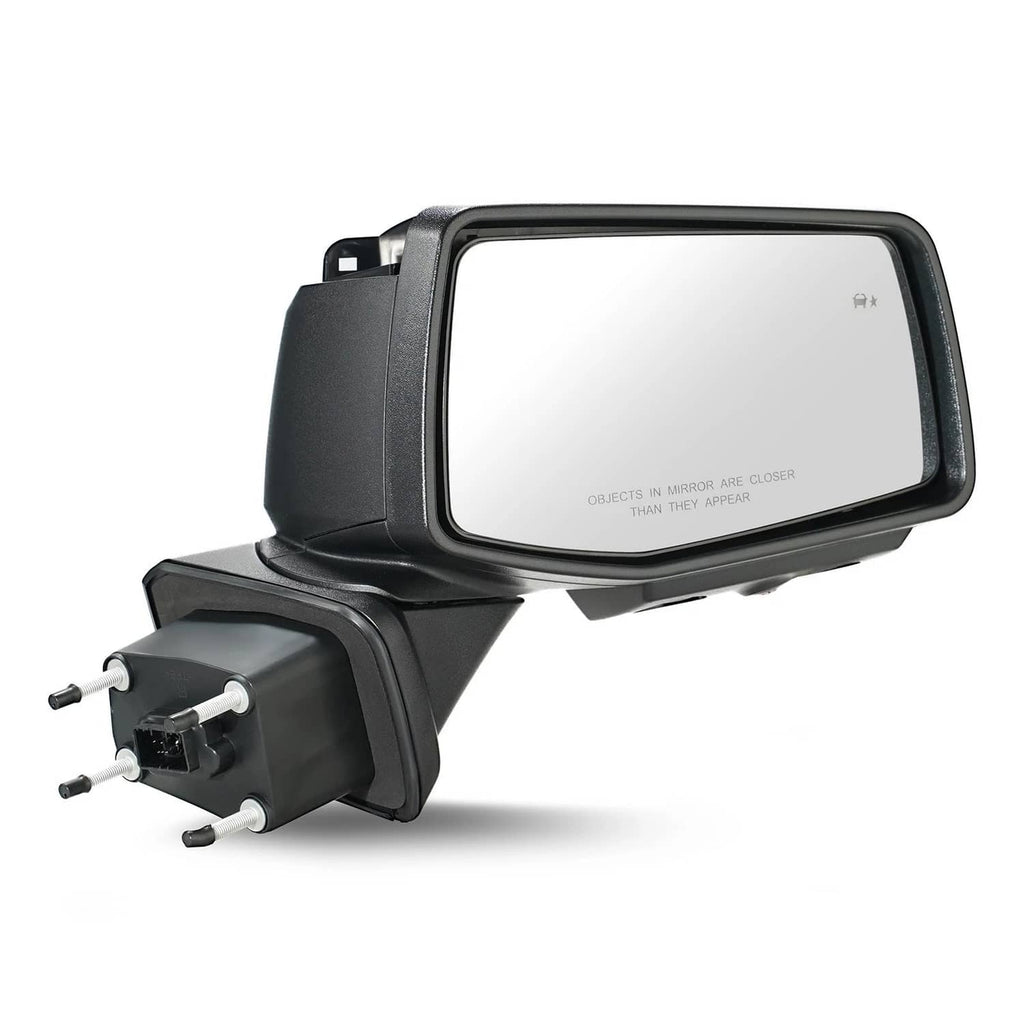 Heated passenger-side mirror with camera, clear display window and dark housing, side view