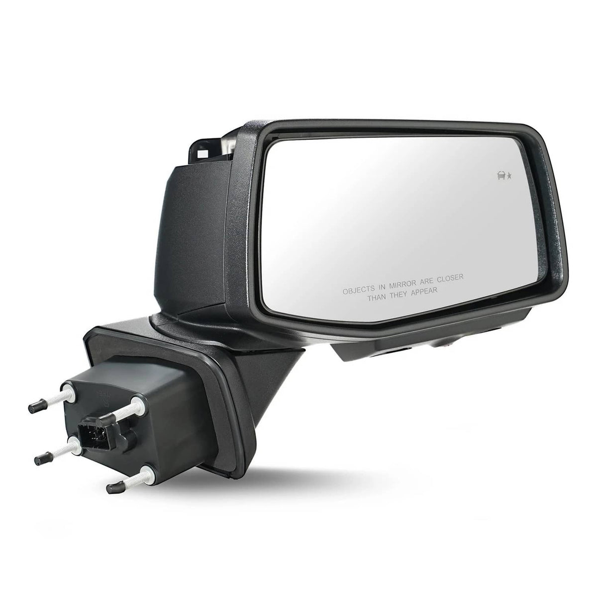 Heated passenger-side mirror with camera, clear display window and dark housing, side view