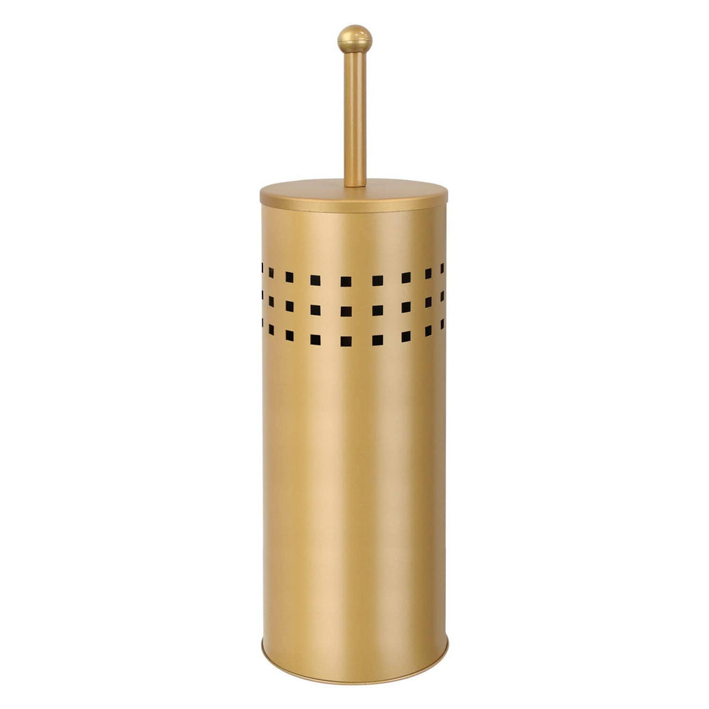 Gold toilet plunger holder with ridged handle and dotted pattern