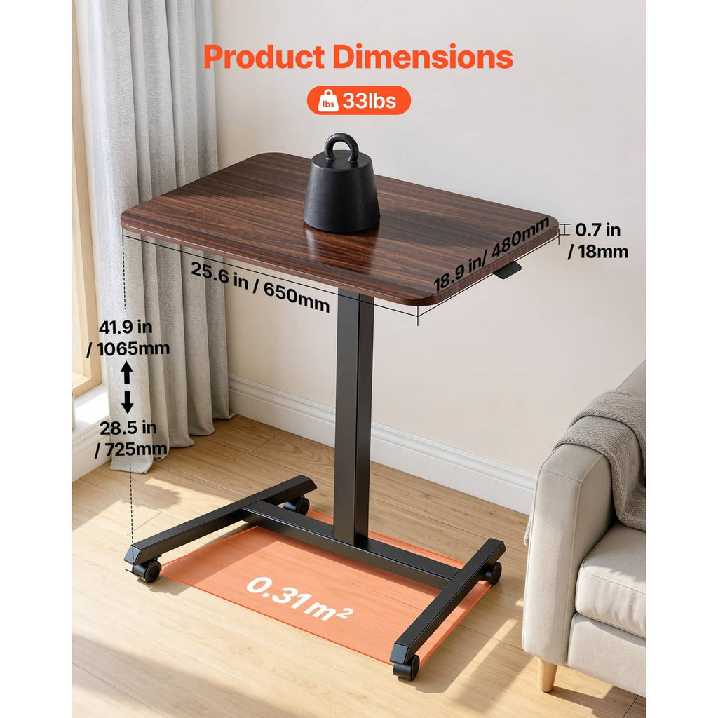 Standing desk with dark wood top and wheeled base, shown with product dimensions