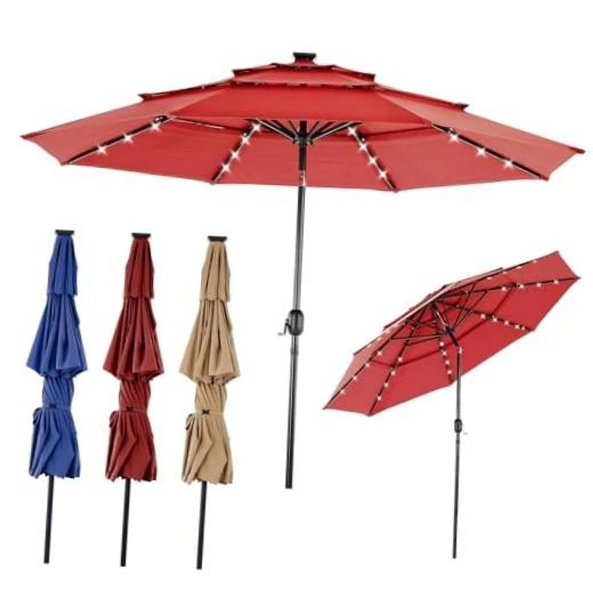 Dark red solar patio umbrella with LED light string and open canopy