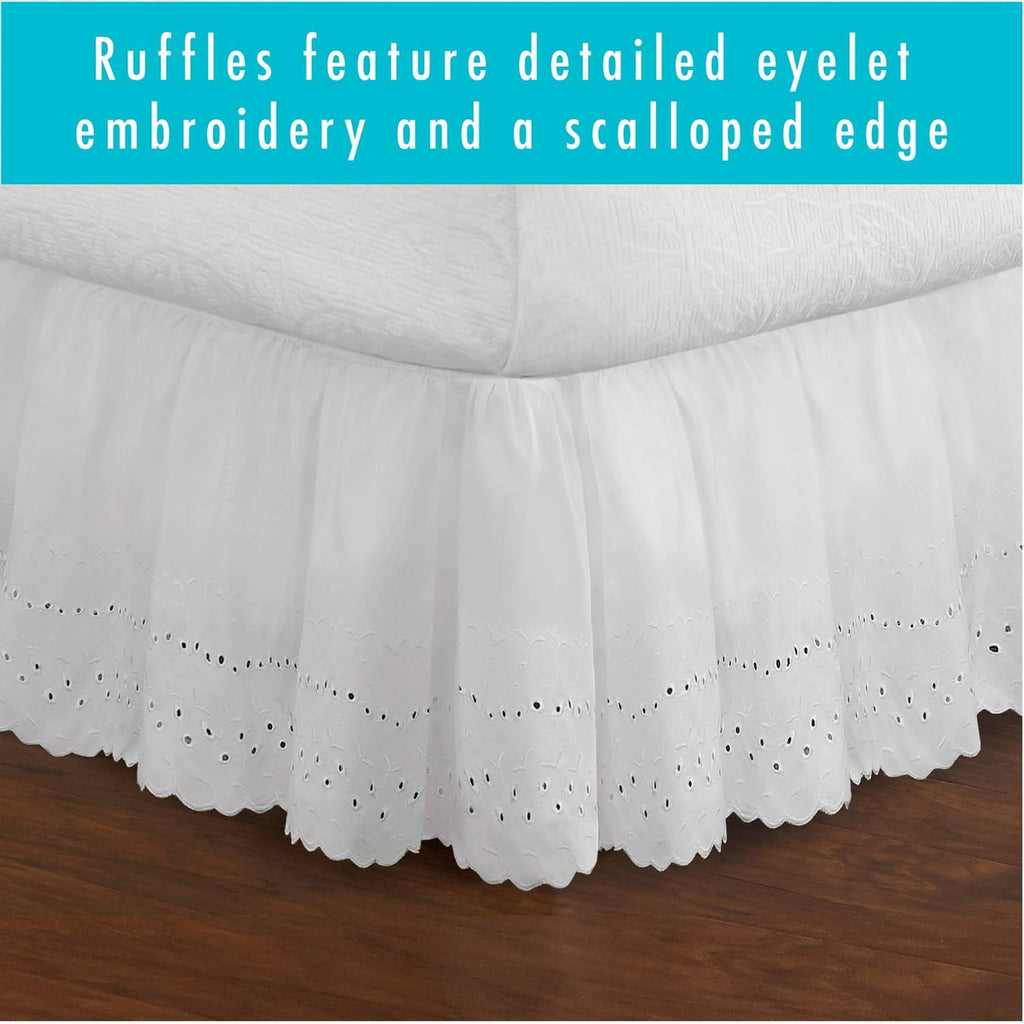 White ruffled eyelet bed skirt with detailed eyelet embroidery and scalloped hem