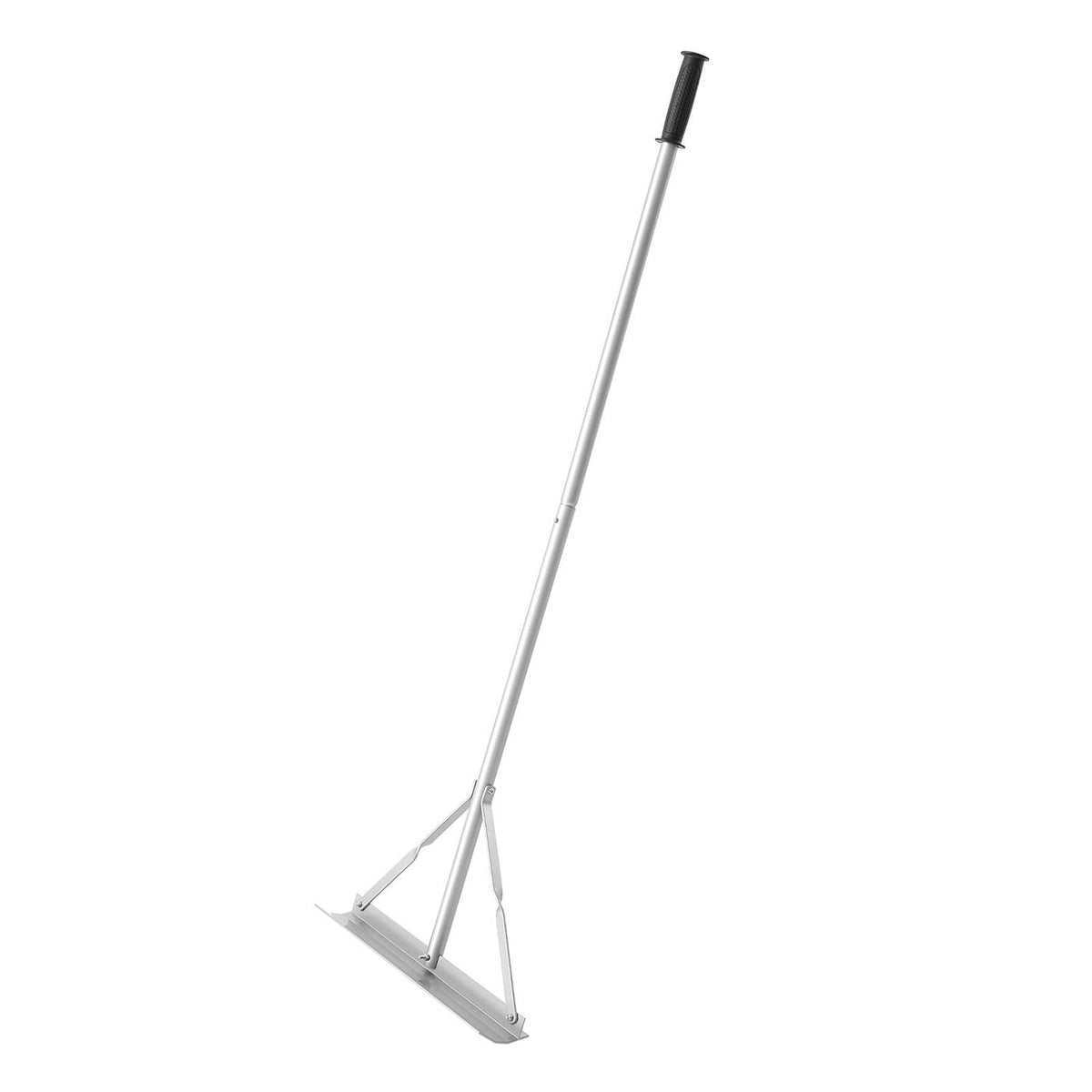 Landscape rake with long aluminum handle, wide head blade, and tripod base