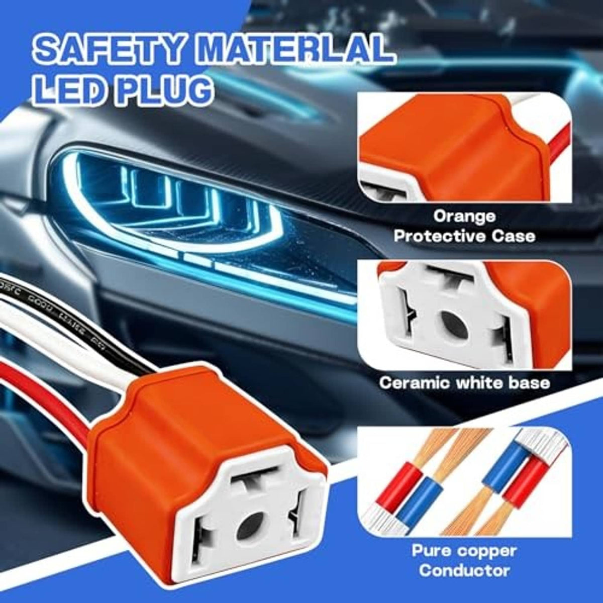 Orange ceramic H4 headlight pigtail connector pair with white socket and wire leads