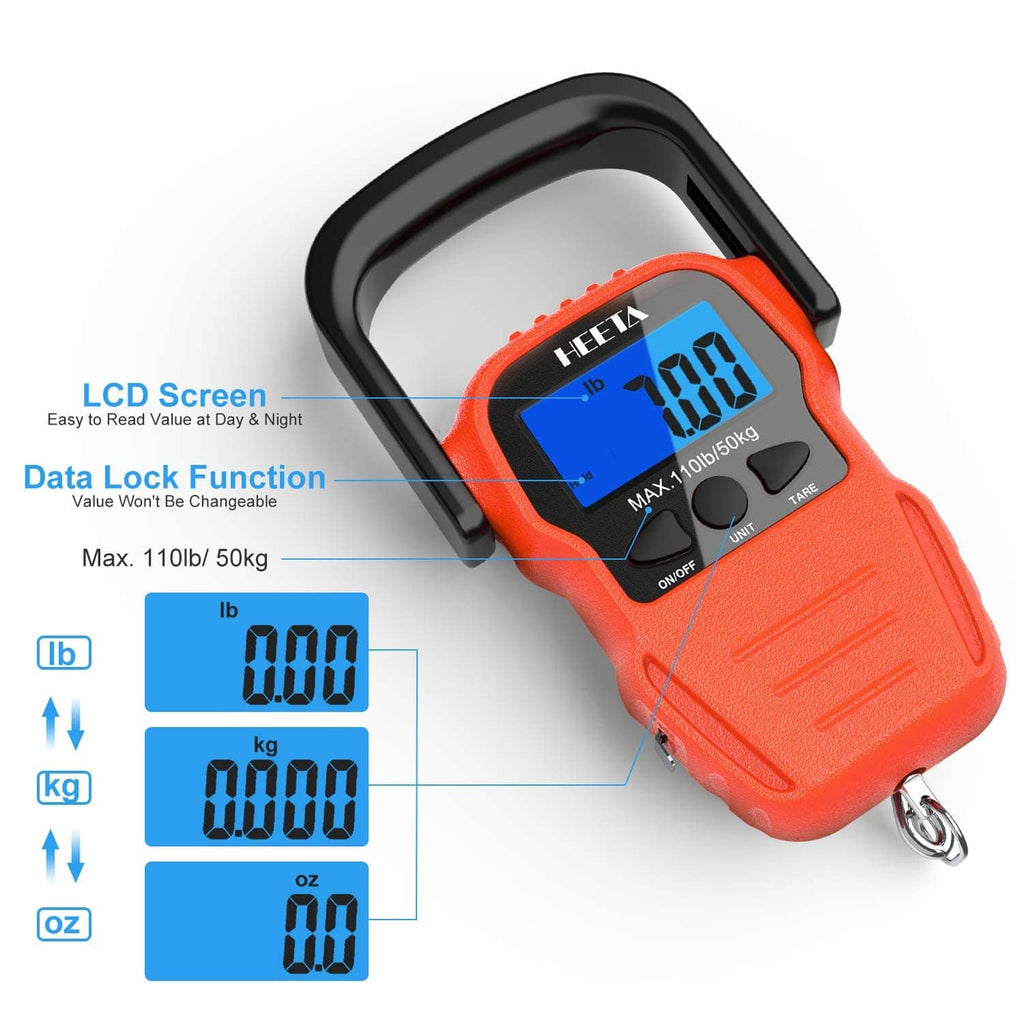 Orange digital scale with backlit LCD display and data lock function