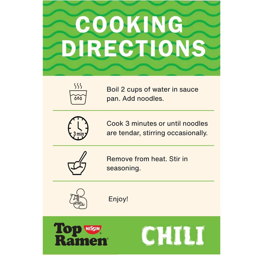 Top Ramen Chili cooking directions panel with boil, cook, and stir steps