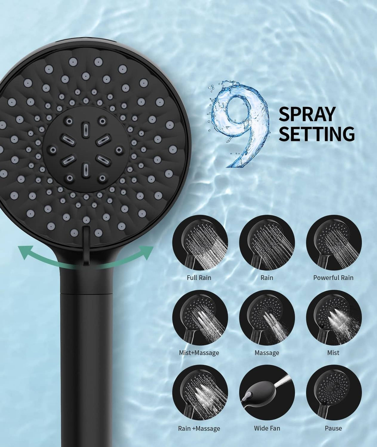 Matte black shower head with circular face and adjustable spray settings