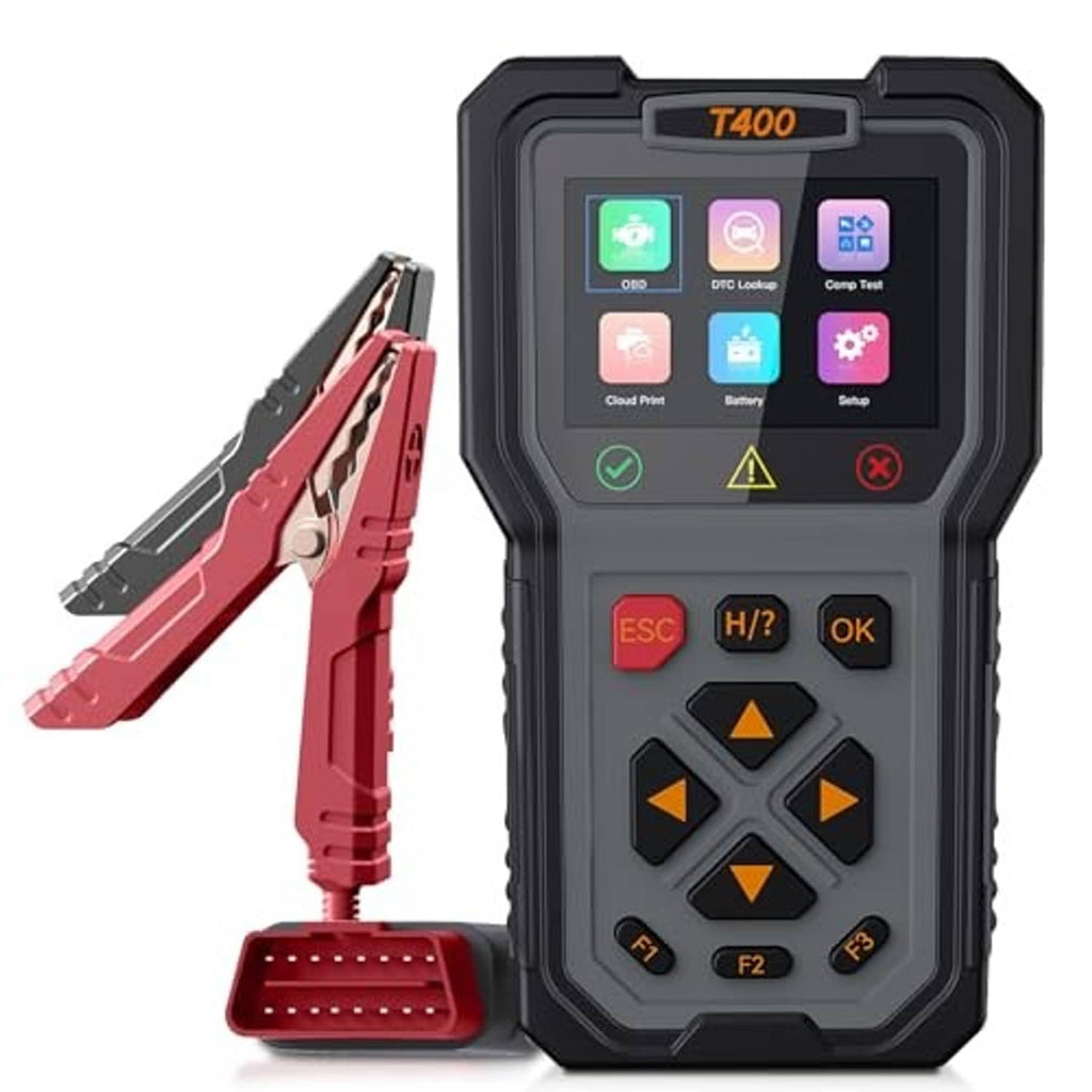 Handheld car diagnostic scanner and battery tester with screen and red battery clamp cable