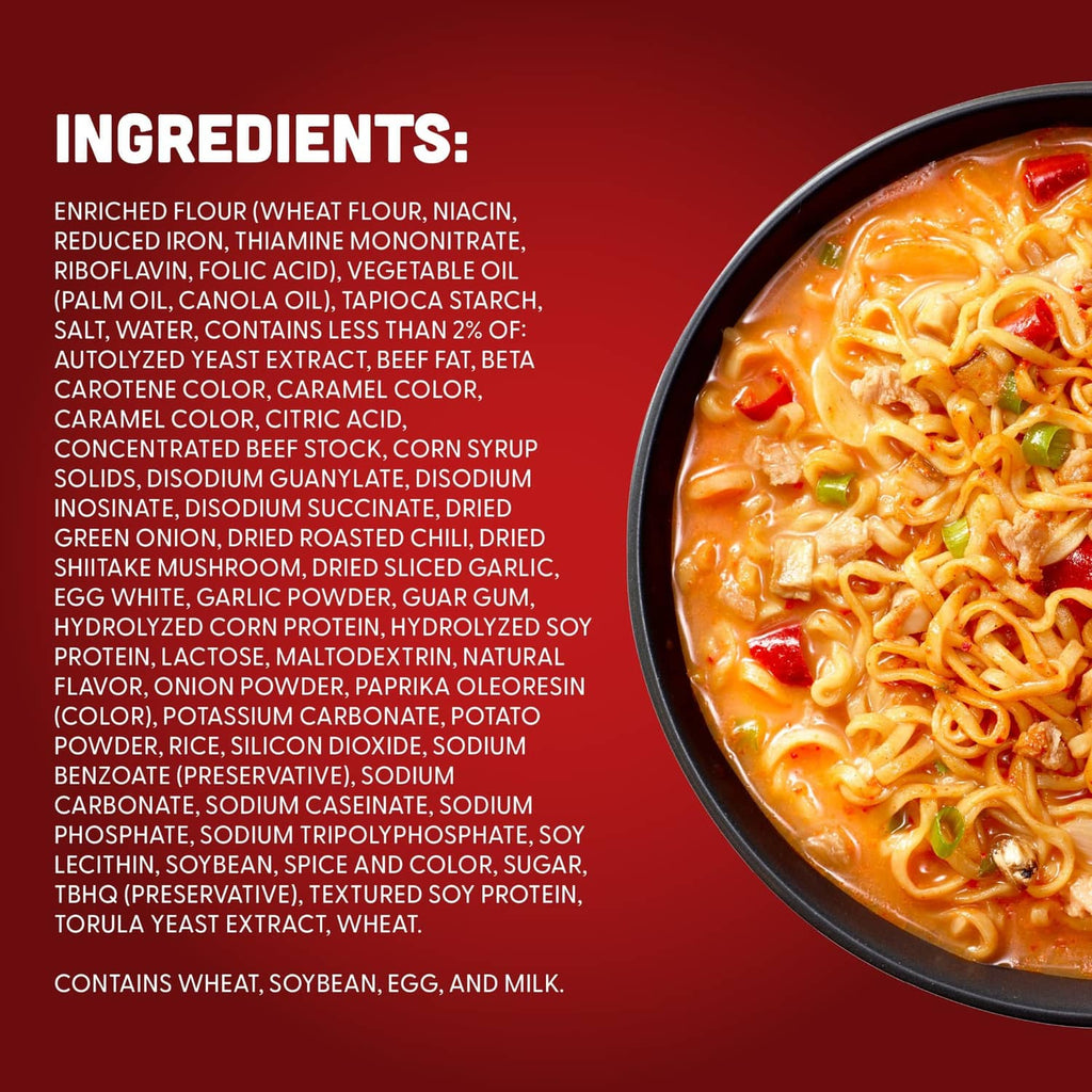 Close-up bowl of orange ramen noodles beside an ingredients text panel