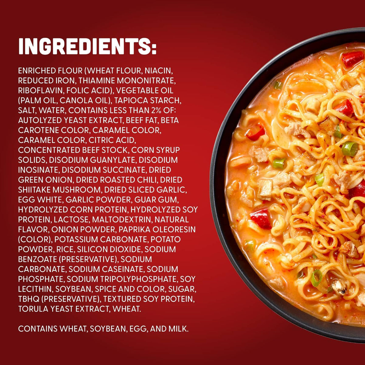 Close-up bowl of orange ramen noodles beside an ingredients text panel