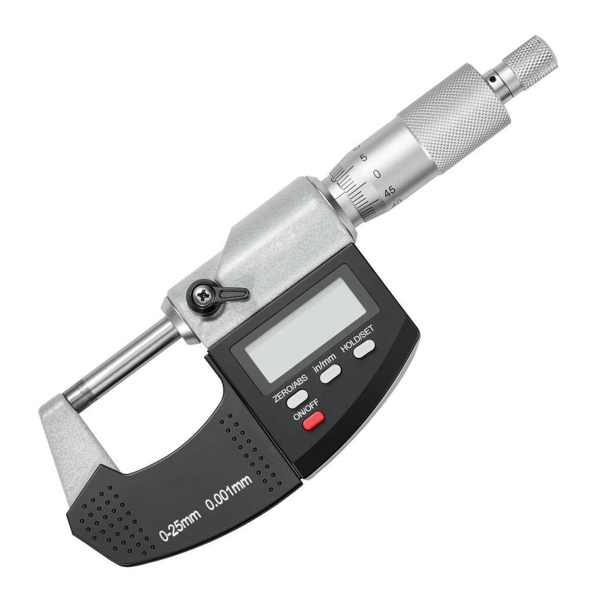 Angled digital micrometer view with thimble scale and LCD panel