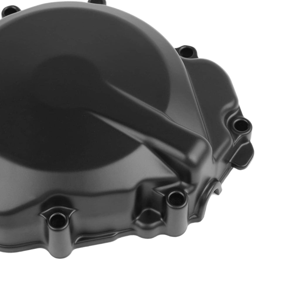 Left engine stator cover close-up, black with side vent and mounting bolts