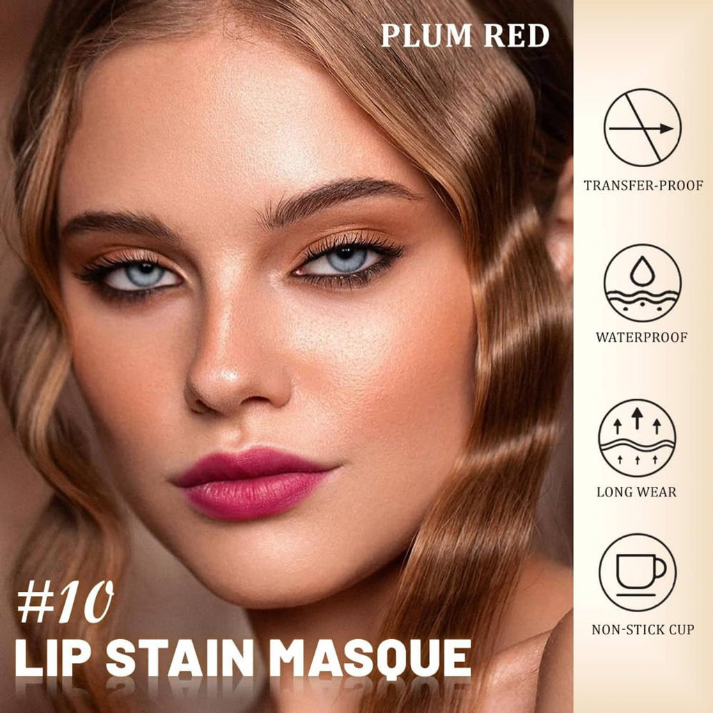 Plum-red matte lip stain on lips, paired with makeup close-up on face
