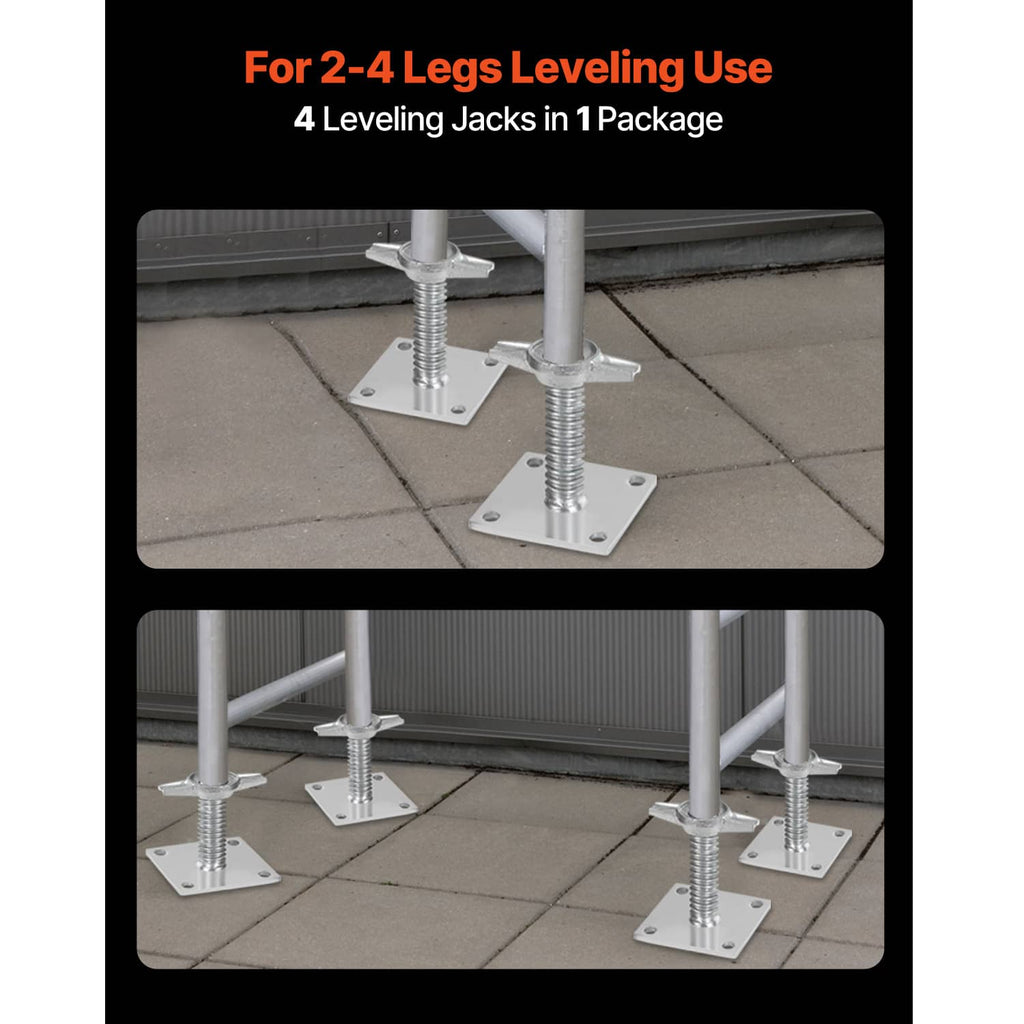 4 leveling jacks with threaded legs and square base plates attached to scaffolding