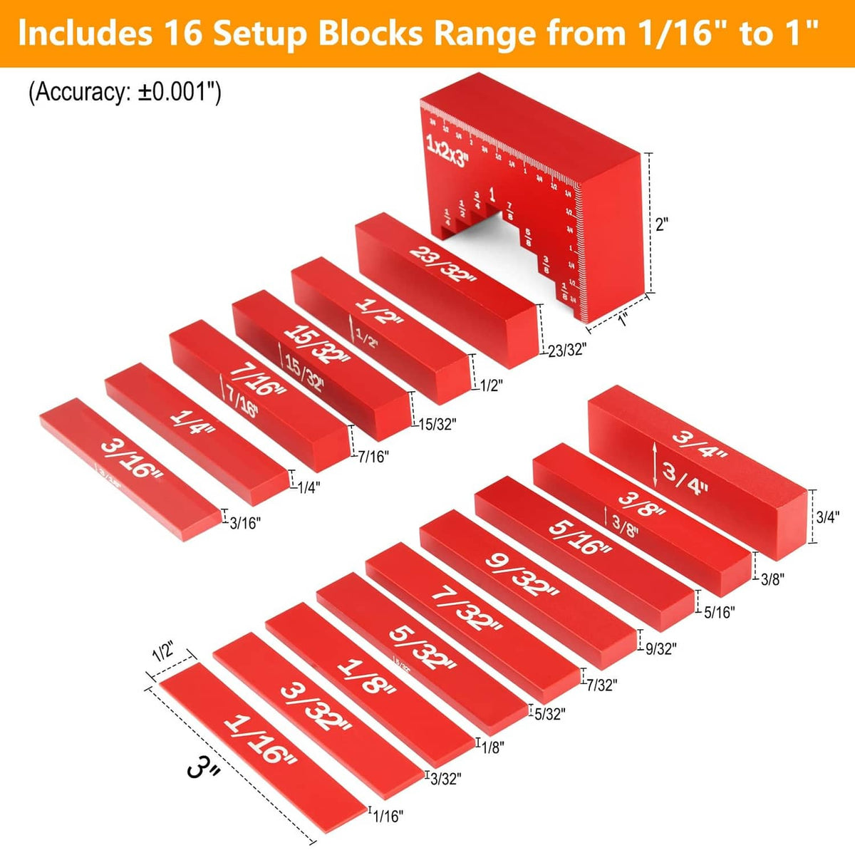 Red router setup blocks with engraved height scale, 16-piece kit