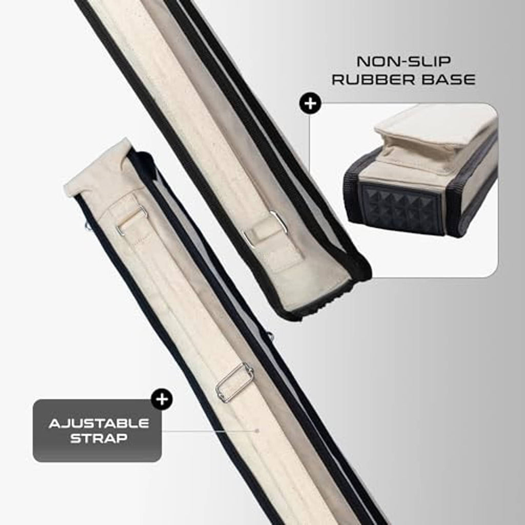 Off-white cue case with adjustable shoulder strap and non-slip rubber base panel