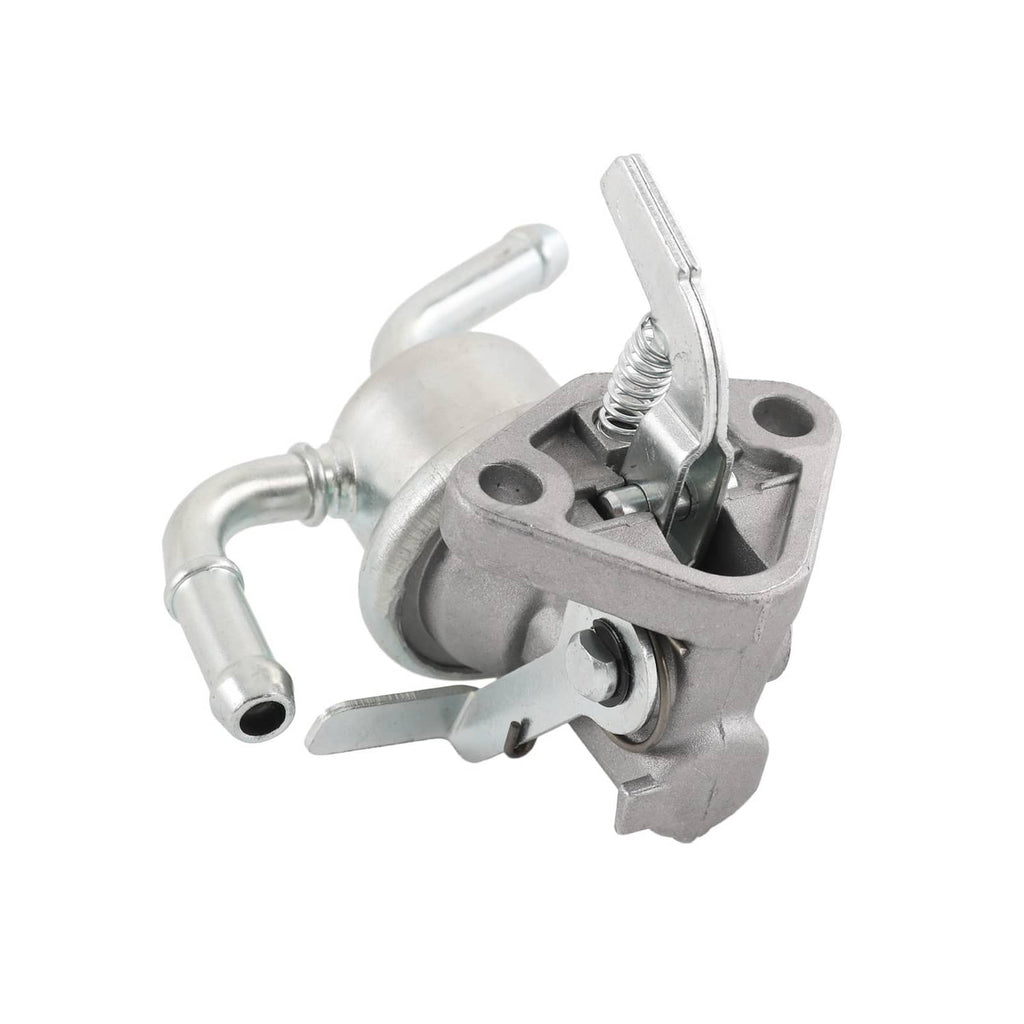 Fuel lift pump with metal body, curved pipes, and spring-loaded cover mechanism