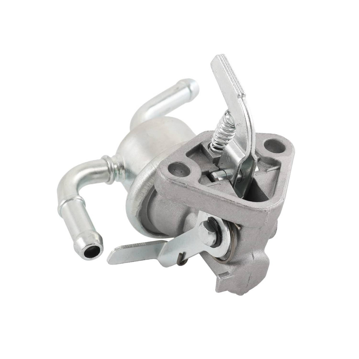 Fuel lift pump with metal body, curved pipes, and spring-loaded cover mechanism