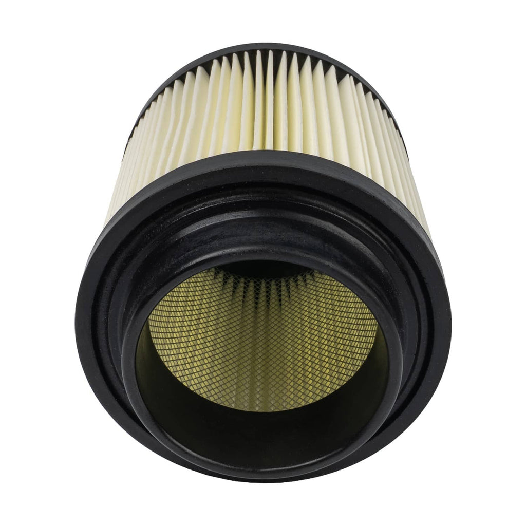 Air filter end view showing pleated cream paper element inside black rubber housing