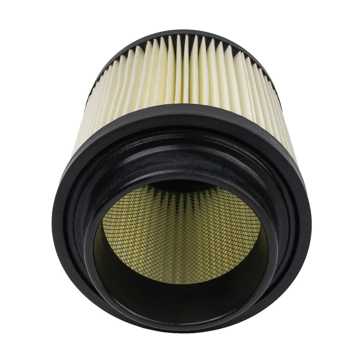 Air filter end view showing pleated cream paper element inside black rubber housing