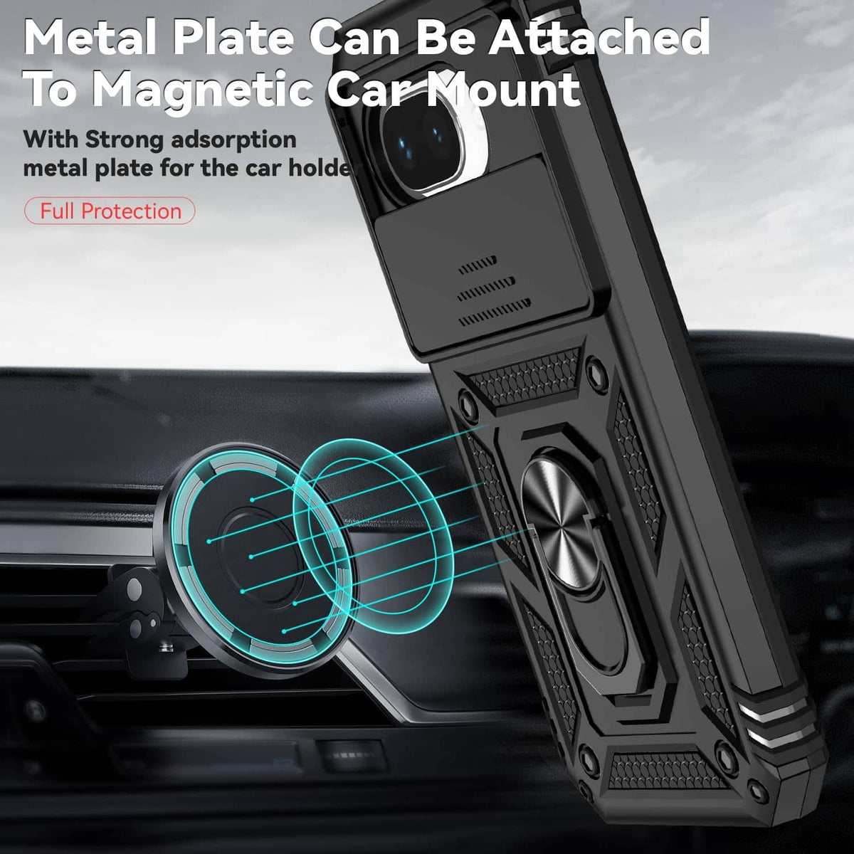 Black phone case with attached metal plate for magnetic car mount