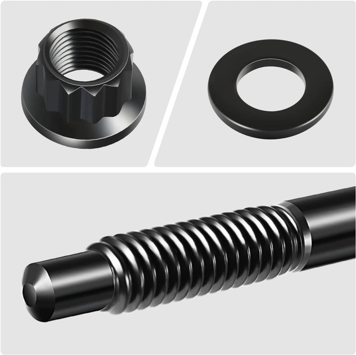 Black threaded head stud nut and washer ring shown with close-up angles