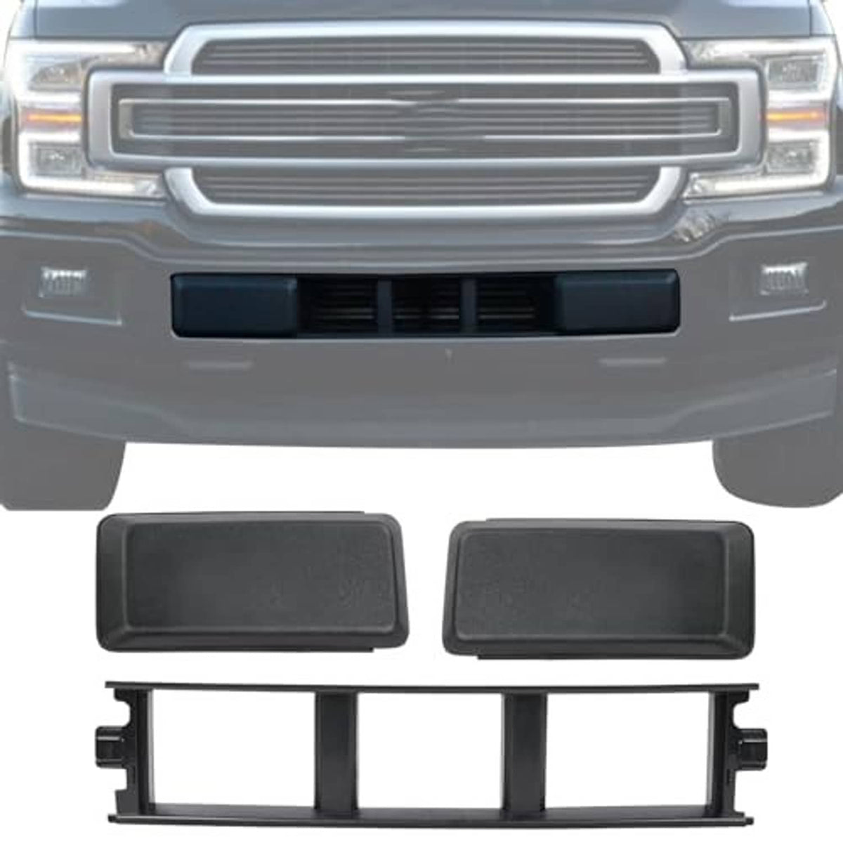 Front bumper lower grille trim panel set, two dark end cover pads and grille insert