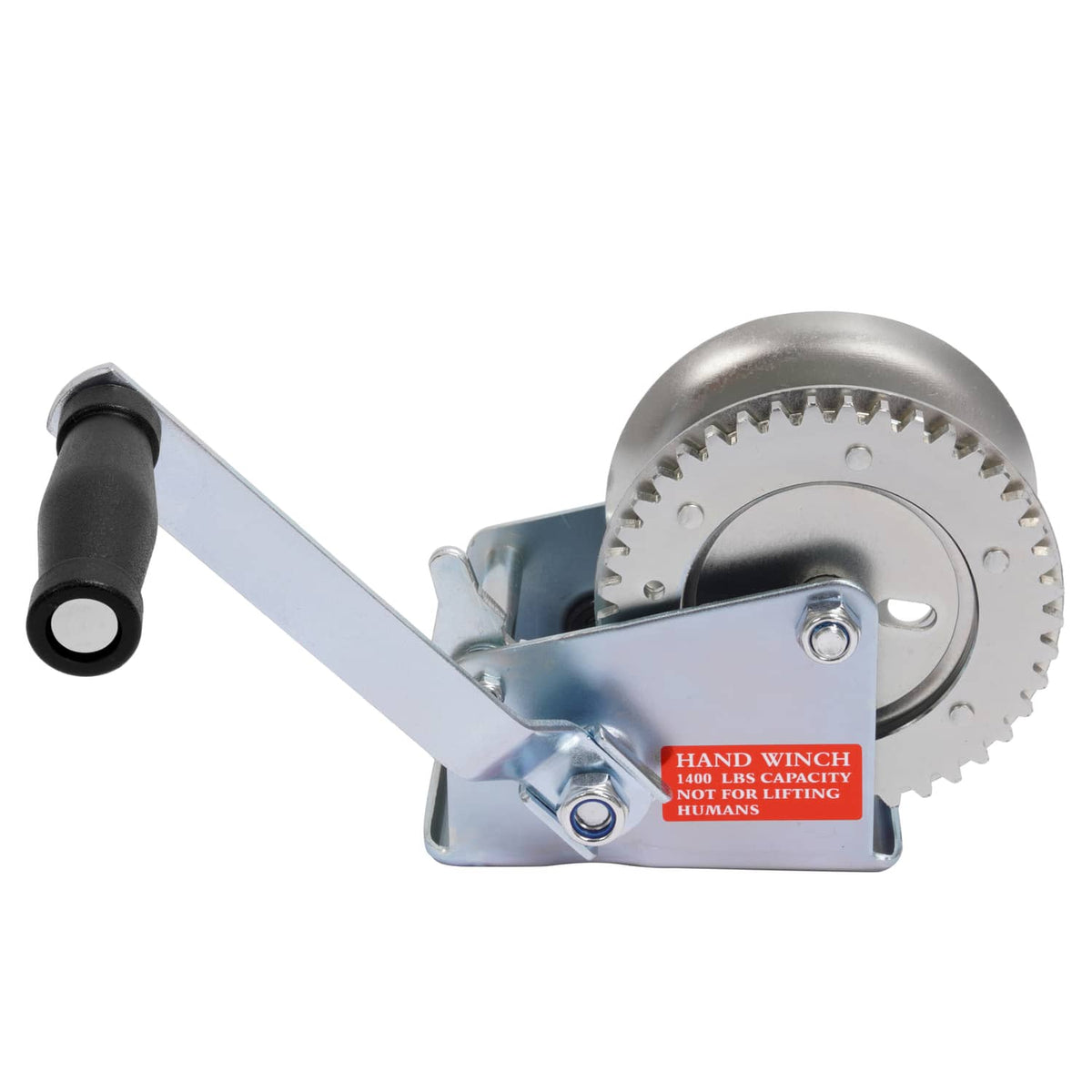 Horizontal hand winch with galvanized steel frame, ratchet drum, and black handle grip