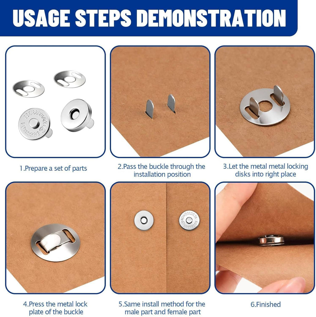 Magnetic snap fastener installation steps with metal locking discs and snap pieces