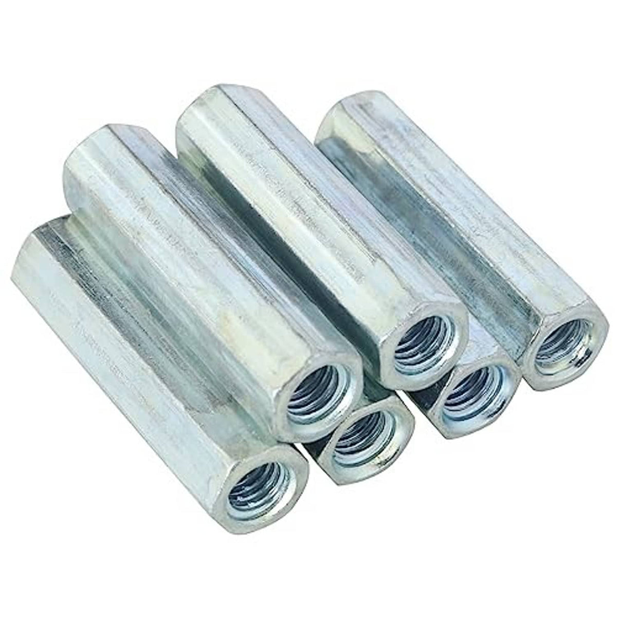 Row of long hex coupling nuts with M6 female threads, zinc-plated silver-gray