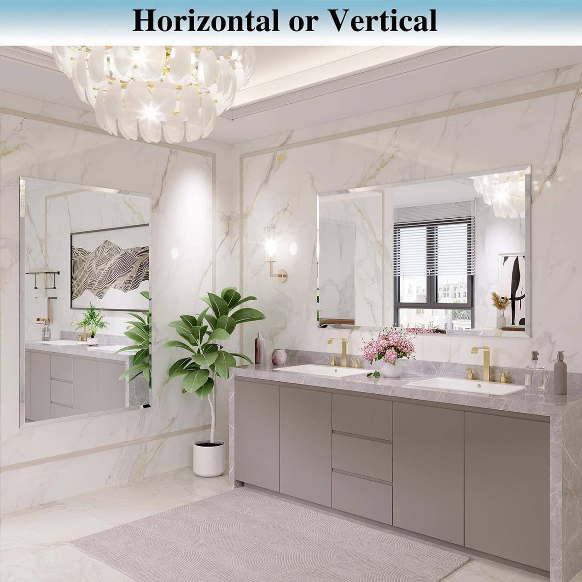 Frameless bathroom mirror with beveled edges above a light-colored double vanity
