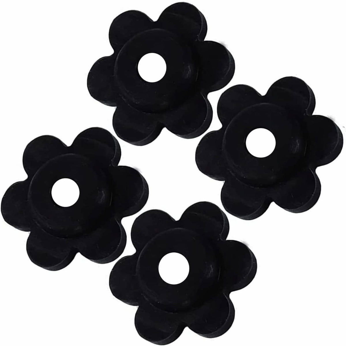 Black flower-shaped rubber garden flag stoppers with round center holes, set of four