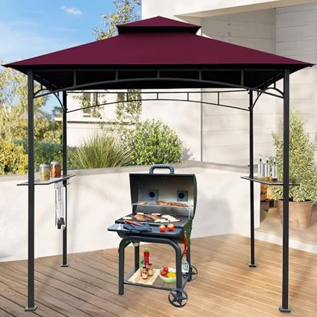 Burgundy double-roof BBQ gazebo canopy top with black frame, installed above grill