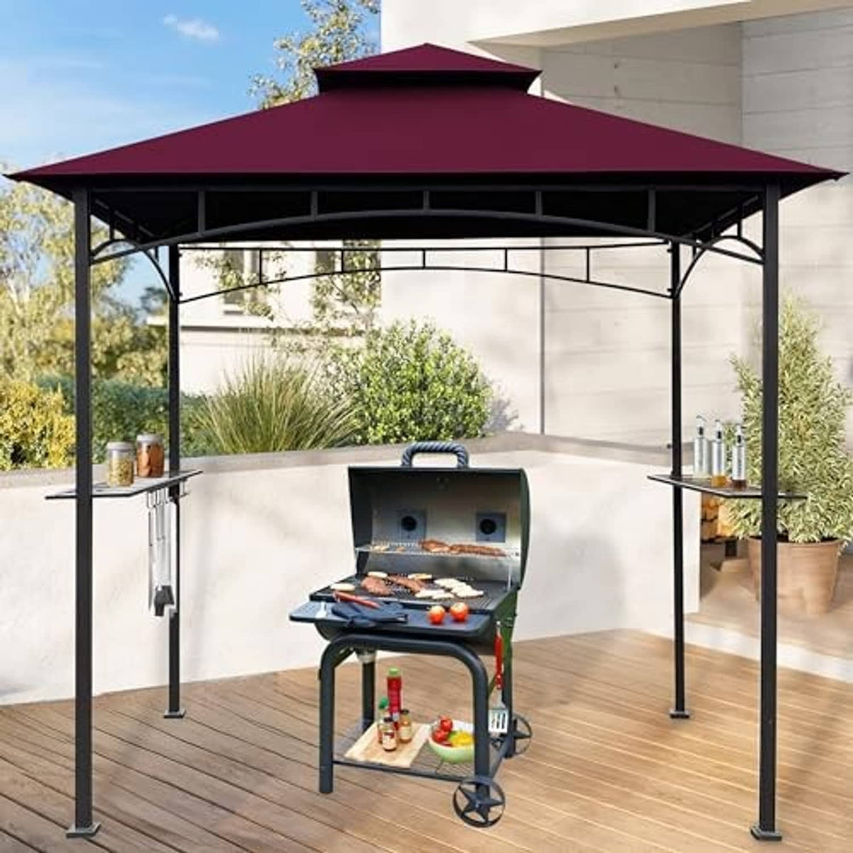 Burgundy double-roof BBQ gazebo canopy top with black frame, installed above grill