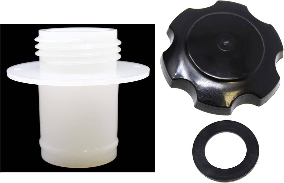 Jet ski fuel tank filler neck kit: white plastic insert, black cap, and rubber gasket