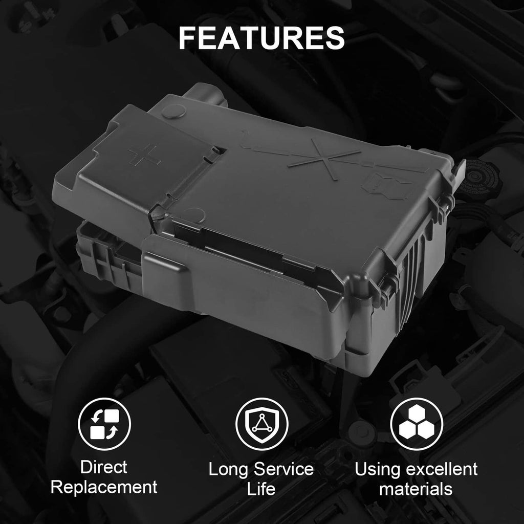 Black fuse box module housing with cover and visible relay/fuse openings