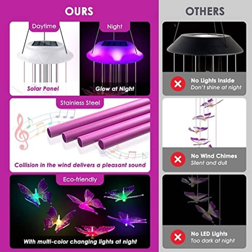 Solar butterfly wind chime with stainless-steel tubes, glowing butterflies, and hanging diamond weight