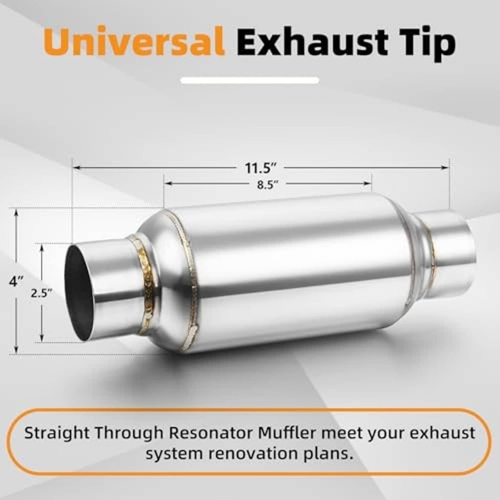 Universal exhaust tip resonator muffler with length and 2.5-inch inlet/outlet measurements.