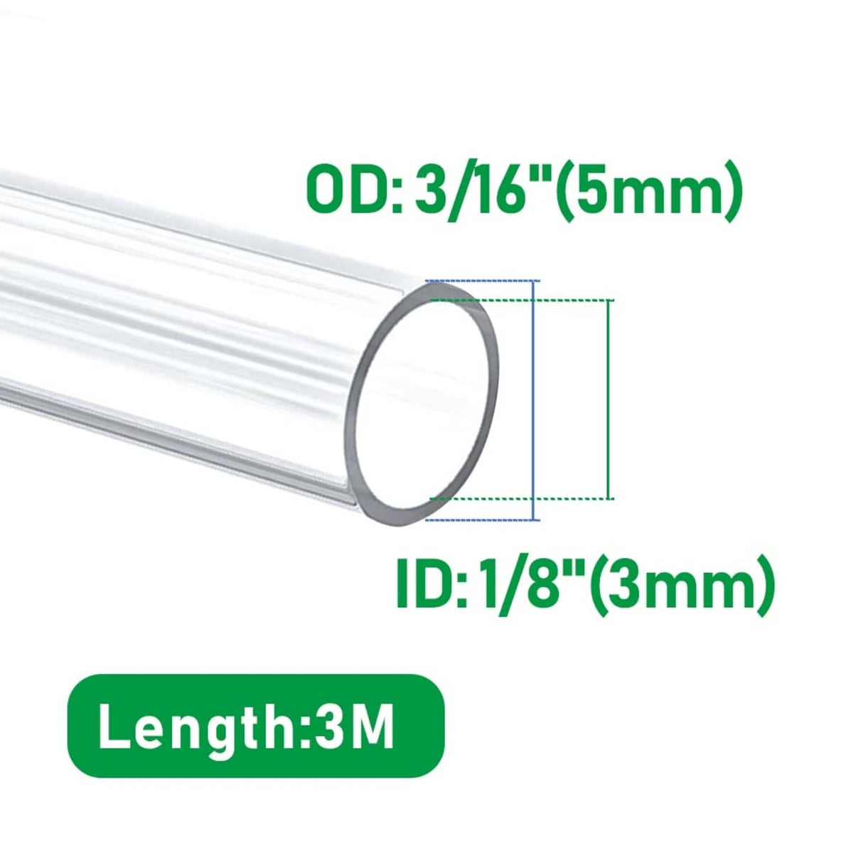 Clear PVC vinyl tubing; OD 3/16 in, ID 1/8 in, clear flexible hose