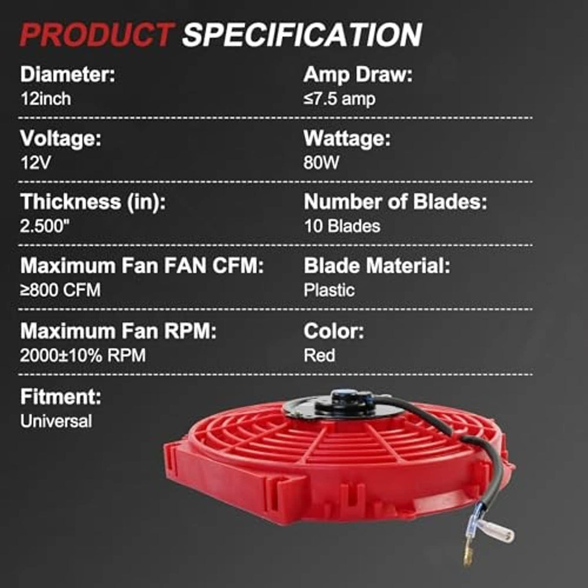 Red 12V radiator cooling fan specification view with universal fan assembly pictured