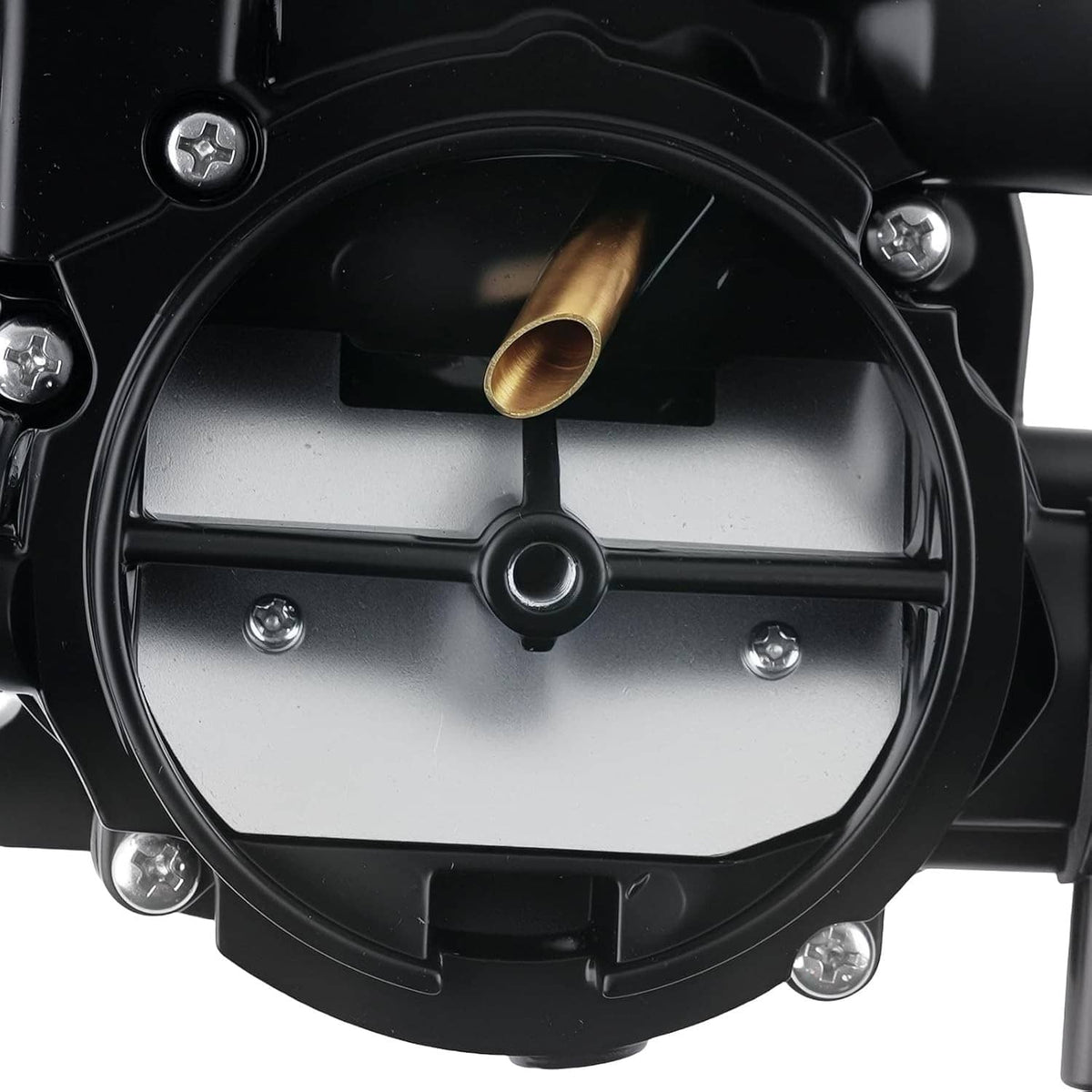 Marine carburetor intake opening with brass port inside black throttle body