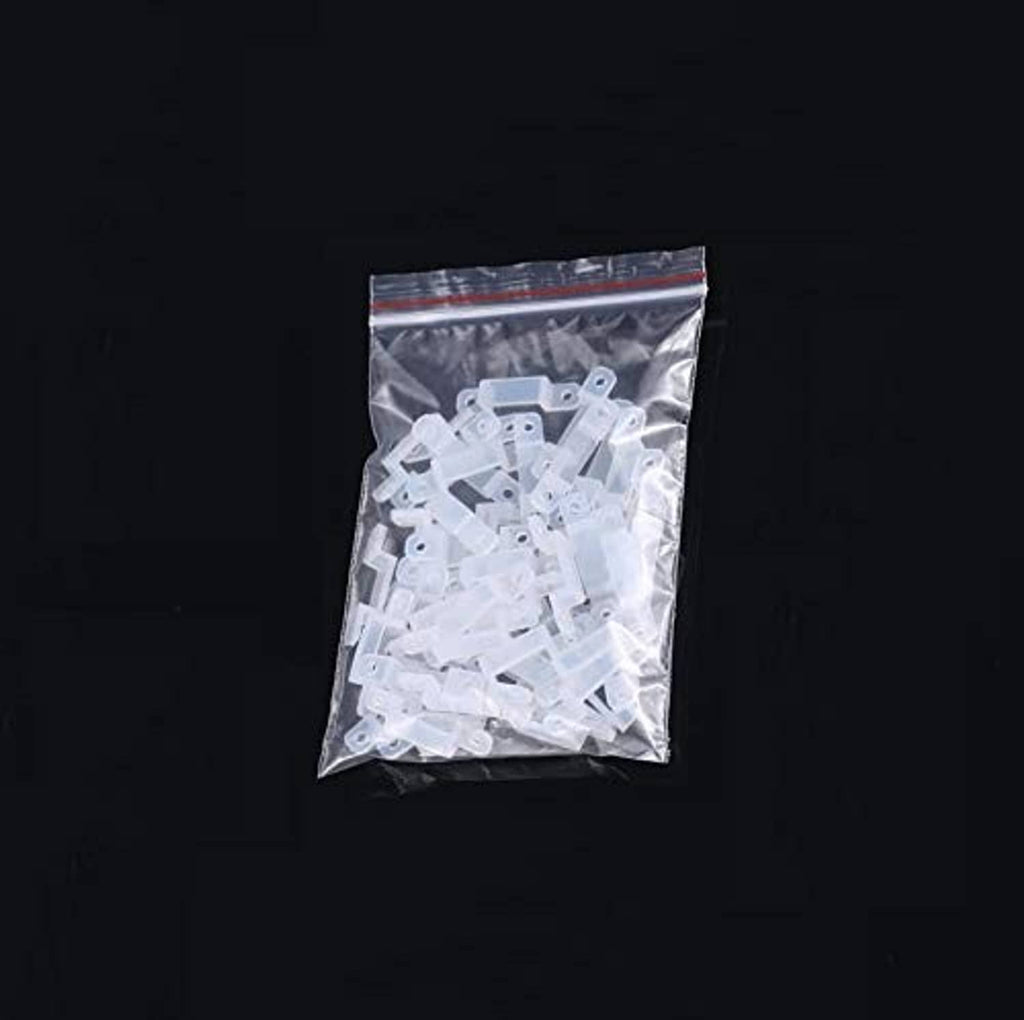 Plastic bag containing white 12mm LED strip mounting brackets, assorted pieces