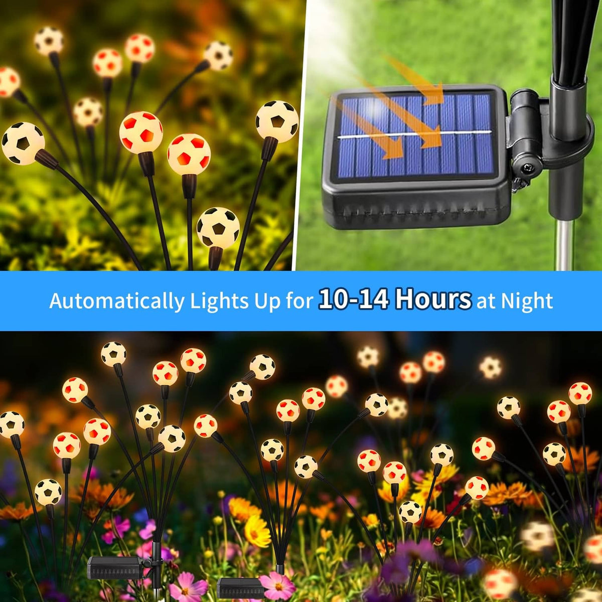 Solar soccer lights with glowing soccer-ball bulbs and connected solar panel