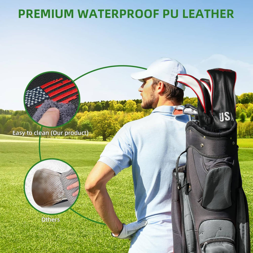 Black waterproof PU leather golf hybrid headcover with red/white design on bag