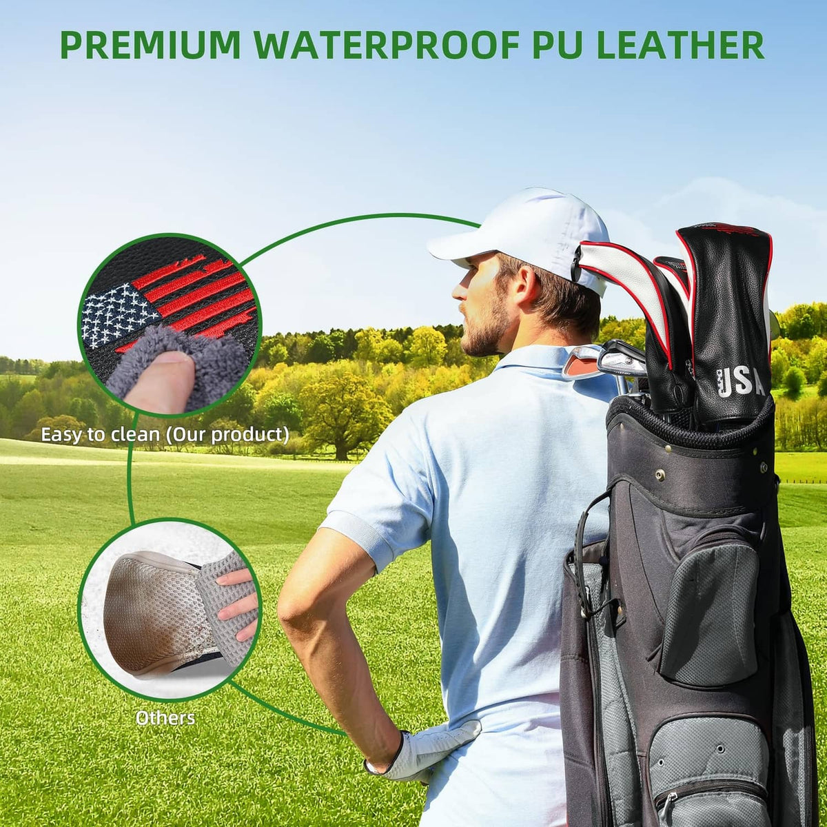 Black waterproof PU leather golf hybrid headcover with red/white design on bag