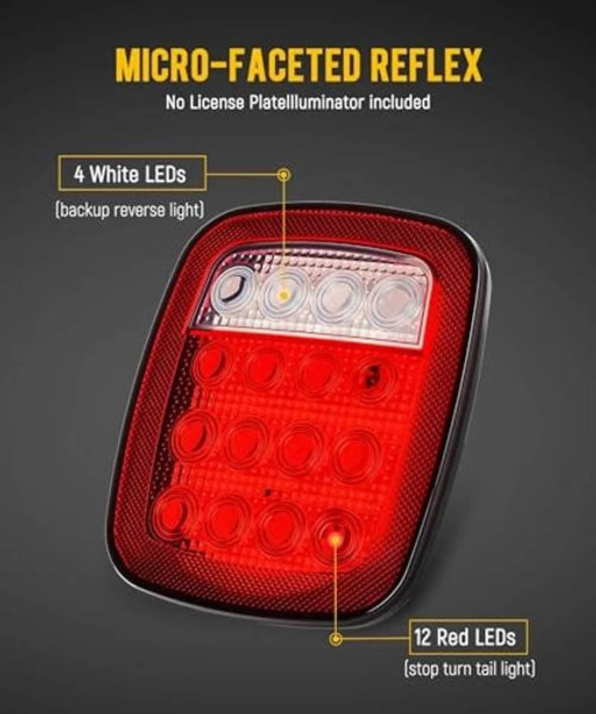 Square red LED stop/tail lamp with clear lens showing red and white LEDs