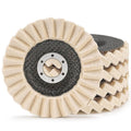 Beige wool flap polishing disc with dark backing and round metal center plate