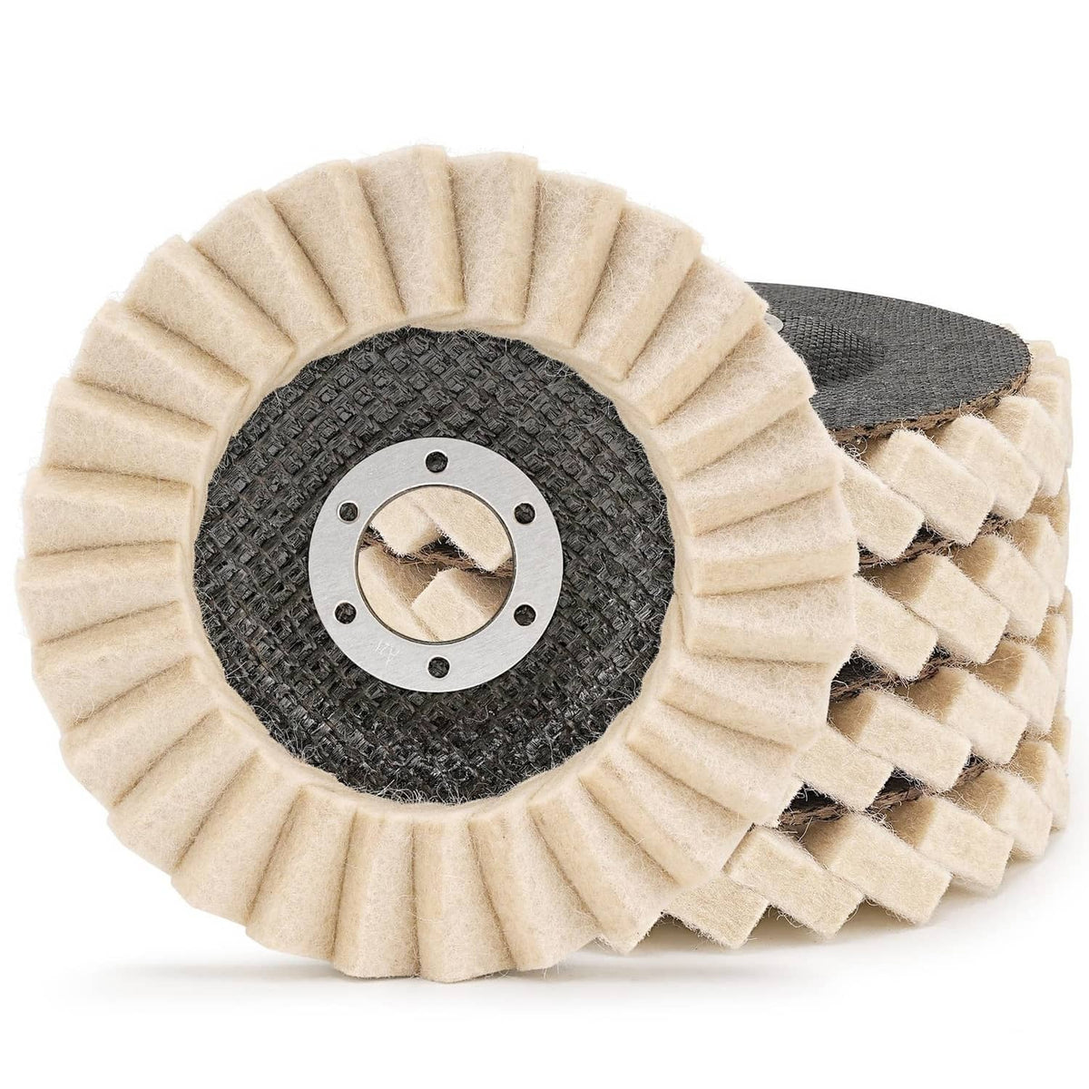 Beige wool flap polishing disc with dark backing and round metal center plate